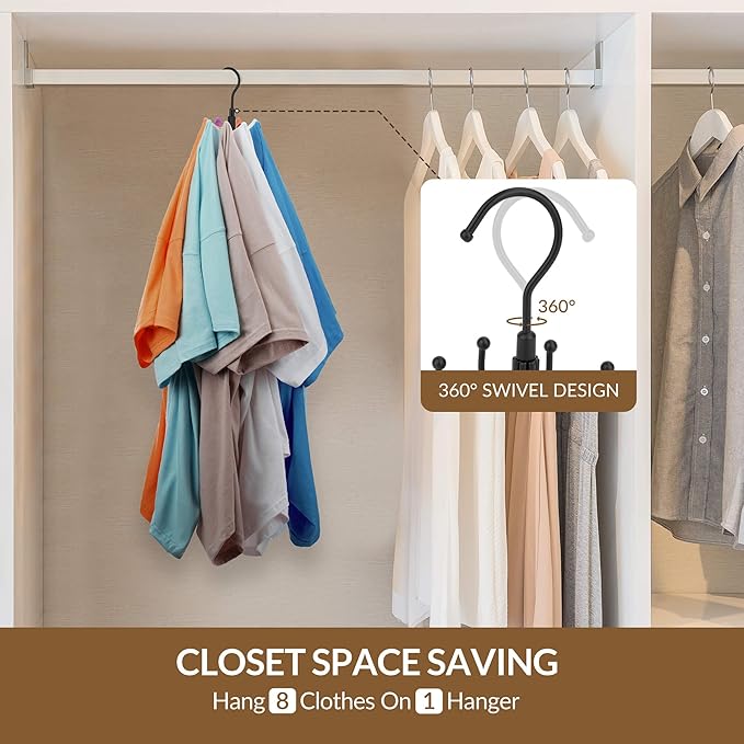 ZEDODIER 2 Pack Space Saving Hangers for Clothes,Rotatable Sturdy Shirt Hangers with 16 Hooks, Non Slip Multiple Shirt Organizer for T-Shirts Sweatshirts Hoodies, Black
