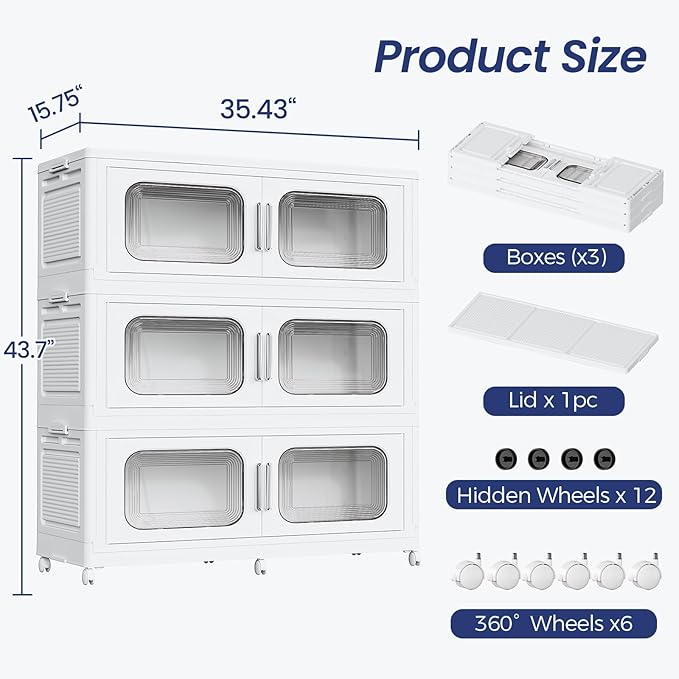 150 Gallon Extra Large Storage Bin with Lid and Wheels, Stackable Collapsible Plastic Storage Box with Door, Foldable Organizer for Closet, Kitchen, Office, Living Room, 3 Pack White