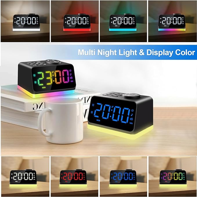 JALL Digital Alarm Clock with FM Radio for Bedroom, 8 Colors Night Light with 2 Charging Port, Sleep Sound Machines with Timer, Dual Alarm, Loud Alarm and Easy to Use for Seniors and Kids as Gift