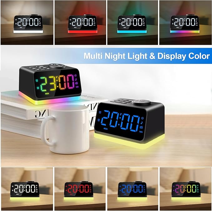 JALL Digital Alarm Clock with FM Radio for Bedroom, 8 Colors Night Light with Charging Port, Sleep Sound Machines with Timer, Dual Alarm (Black with RGB Font)