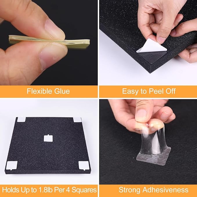 Sonicism Pyramid Sound Proof Foam Panels Double Sided Tape Squares 60 Pack, Heavy Duty Wall Mounting Tape Squares for Polyester Foam Acoustic Panels, 1.4-in Squares, Transparent