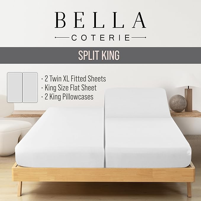Bella Coterie Luxury Bamboo Viscose Split King Size Sheet Set | 2 Fitted Sheets for Sleep Number & Adjustable Beds | 100% Organically Grown | Cooling & Ultra Soft | 18” Deep Pocket [White]
