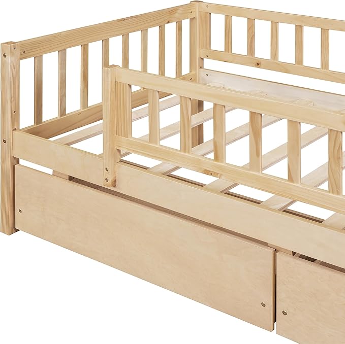 Bellemave Twin Bed Frames with Rails for Kids, Twin daybed Frame with Drawers for Boys/Girls/Adults， Natural