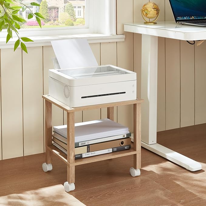 2 Tier Printer Stand with Storage,Under Desk Shelf Printer Table,Small Printer Stand with Wheels,Rolling Printer Cart for Office,Home,Wood Color