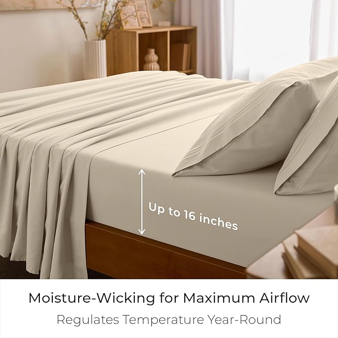 Mellanni Full Sheet Set - 6-Piece Iconic Collection Bedding, (Including 4 Pillowcases), 16-Inch Deep Pocket, Easy Care, Extra Soft, Cooling Sheets, Brushed Microfiber - Beige