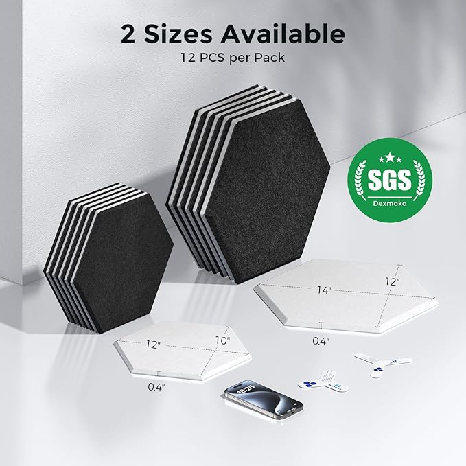 Self-Adhesive Acoustic Panels [390 lbs/yd³ Ultra-High Density], 2nd Generation Sound Absorbing Panel, Professional Level Sound Panel, Polyester Soundproof Foam [Size M, White & Black]