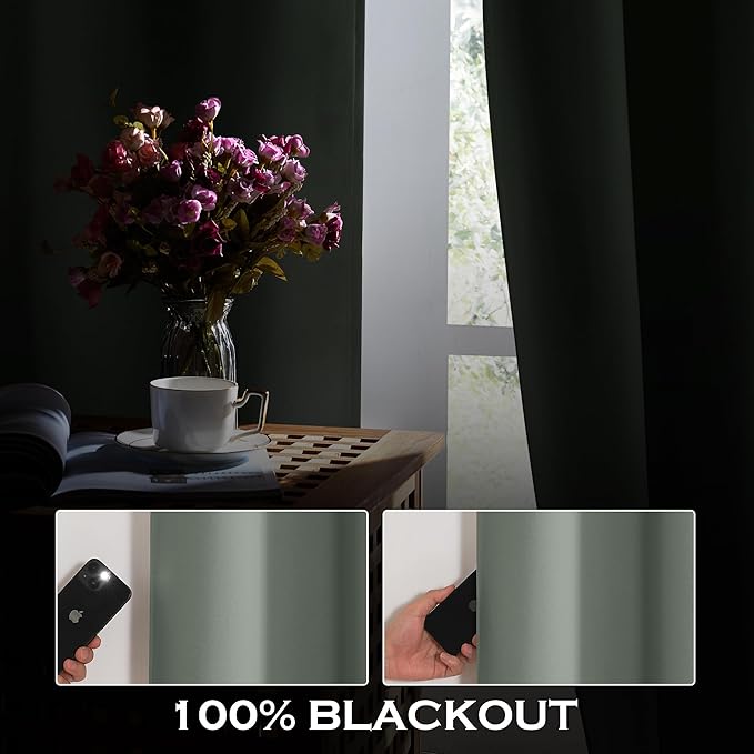 KGORGE 4-in-1 Soundproof Anti Dust 100% Blackout Curtains with Melt-Blown Layer Noise Reducing Thermal Insulating Window Drapes for Bedroom Nursery, W 52 x L 84, Sage Green, 2 Panels