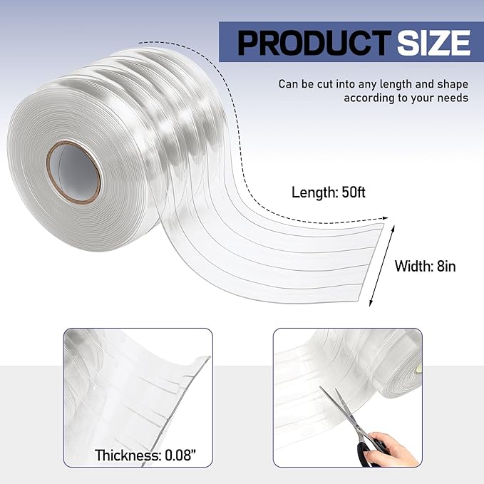 Moukeren Plastic Door Curtain for Winter 50 ft x 8 Inch Thermal Insulated Garage Door Strip Curtains Smooth Waterproof Clear PVC Strip Curtain for Warehouse Freezer, 0.08" Thickness(Striped)