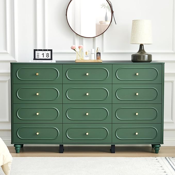 12 Drawer Fluted Dresser for Bedroom, Mid Century Modern Chest of Drawers, Wood Storage Small Dresser Organizer for Bedroom Living Room Hallway Closet, Green