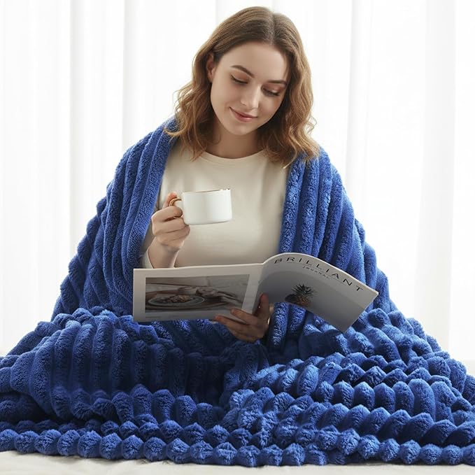 decorUhome Christmas Soft Fleece Navy Blue Blanket Queen Size for Bed, Cozy Fluffy Plush Flannel Large Striped Throws for Couch Sofa, Lightweight Decorative Fuzzy Blanket for Woman, 90x90 Inches