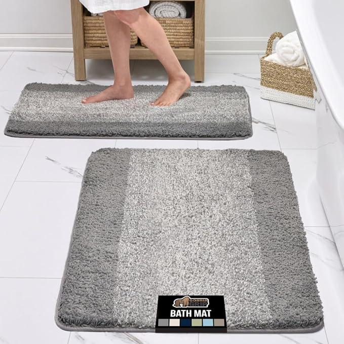 GORILLA GRIP Ultra Soft Plush Bathroom Rugs with Rubber Backing Set of 2, Absorbent Quick Dry Bath Mat, Machine Washable Shower Mats, Home Décor Accessories Bathmat Rug, 24x16 and 30x18 Grey