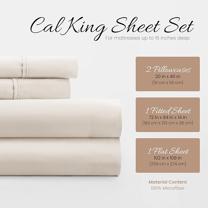 Linen Market Bed Sheets for California King Size Bed (Ivory) - Sleep Better Than Ever with These Soft and Cooling California King Sheets - Deep Pocket Fits 16" Thick Beds - 4 Piece Cal King Sheet Set