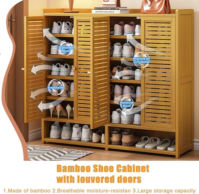 Bamboo Shoe Cabinet, 36-40 Pairs 7 Tier Shoe Rack with Doors, Freestangding Shoe Cabinet Organizer with Shelves, 43" Tall Shoe Rack Organizer for Entryway, Closet, Hallway