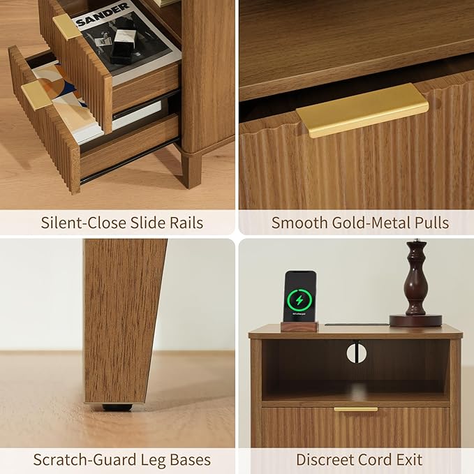 Night Stand Set of 2 with Charger Station, Fluted Nightstand with Drawers and Storage Shelf, Mid Century Modern Bedside Table Nightstands, Large Bed Side Table Wood Night Stands for Bedroom