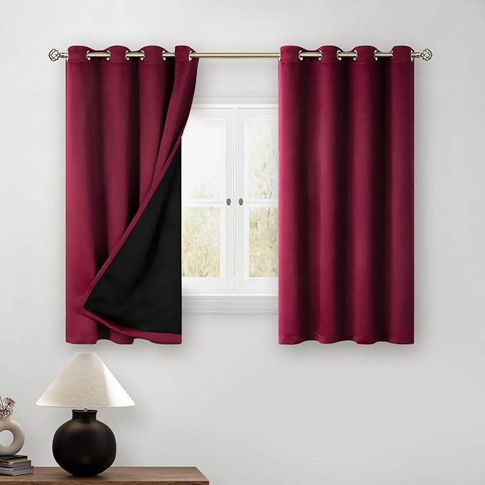 BGment Short 100% Blackout Curtains for Bedroom, Thermal Insulated Lined Energy Efficiency Noise Reducing Grommet Curtains 45 Inch Length for Small Window 2 Panels Each 52 Inch Wide, Burgundy Red