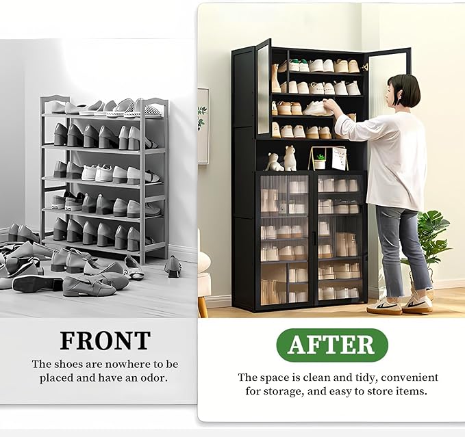 Tall Shoe Cabinet with Clear Doors, Large Capacity Bamboo Shoe Cabinet, 40-45 Pairs Shoe Rack Organizer for Closet Entrance, Hallway, Living Room, Bedroom