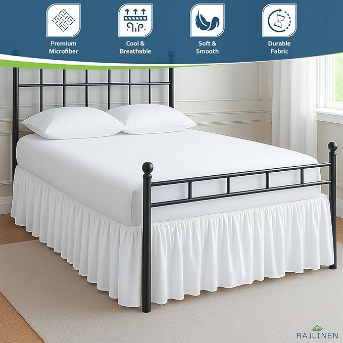 Rajlinen Ruffled Bed Skirt Queen, 16 Inch Drop Dust Ruffle with Split Corners, 100% Microfiber Bedskirt with Platform, Three-Sided Coverage Ruffled Gathering Design, White
