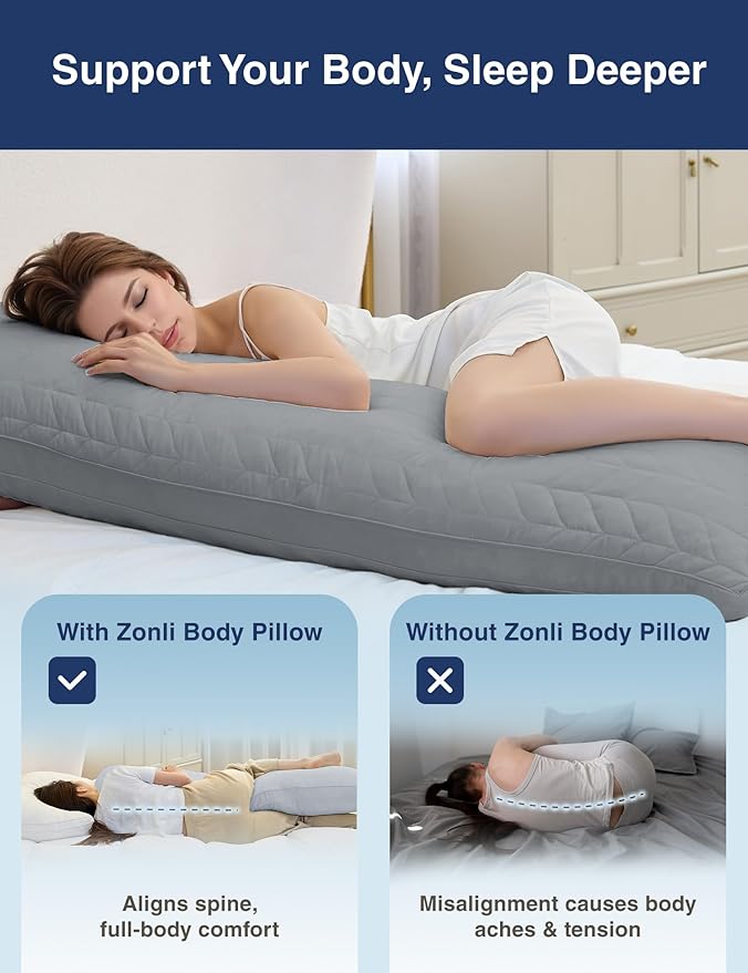 Zonli Memory Foam Body Pillow for Adults, Long Pillow for Bed, Firm Body Pillow for Side Sleeper, Fluffy Quilted Full Length Body Pillows Large -20x54 inch, Grey