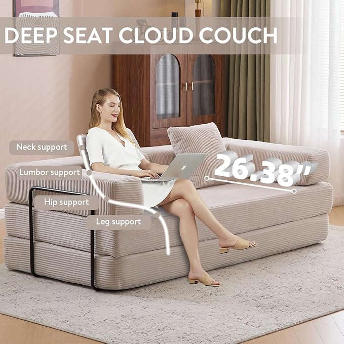 4-in-1 Convertible Folding Sleeper Sofa Bed, Fold Out Floor Sofa Couch with Fixed-Shape Frame, Cloud Corduroy Foldable Mattress Couch for Living Room Bedroom (78.5" Corduroy,Light Grey)