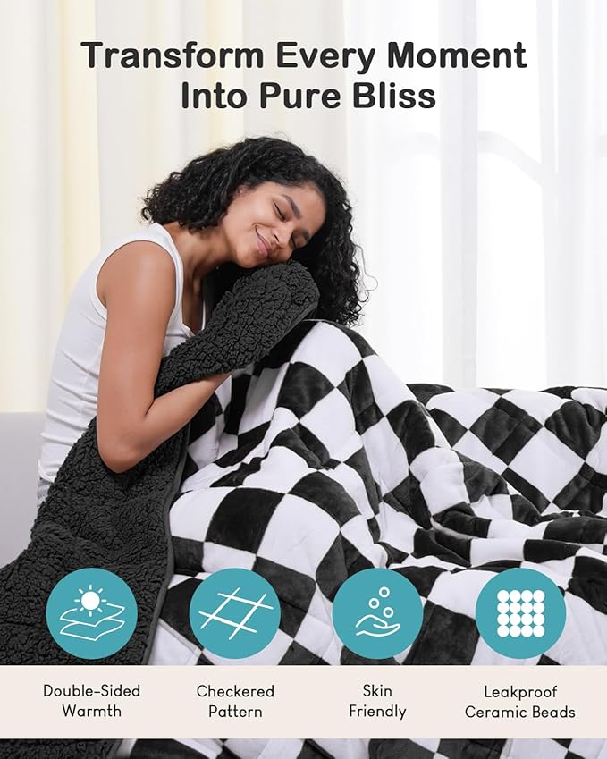 Weighted Blanket for Adults, 20lbs Sherpa Flannel Weighted Blanket Queen Size, Soft Fluffy Fleece Checkerboard Weighted Blankets for Calming and Relax, Plaid Black, 60" x 80"