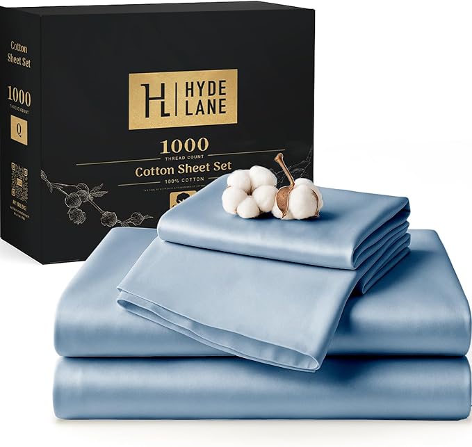Hyde Lane Luxury 1000 Thread Count 100% Cotton Sheets | Very Soft & Thick - Fits Upto 20" Mattress | Sateen Weave Bed Sheets 18" Deep Pocket- 4 PC Sheet Set (Ashley Blue, California King)