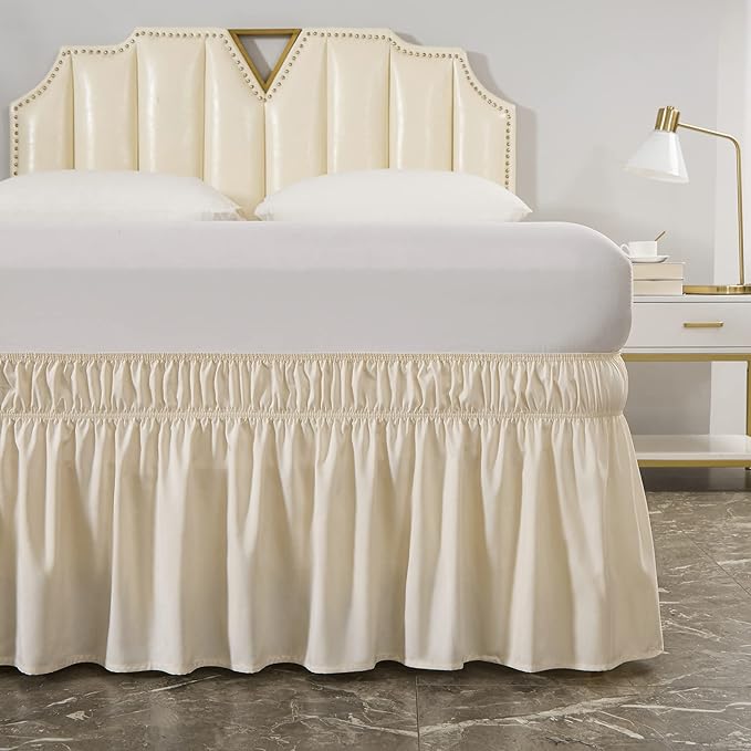 MEILA Wrap Around Bed Skirt Three Fabric Sides Elastic Dust Ruffled 14 Inch Tailored Drop,Easy to Install Fade Resistant-Beige, Queen/King