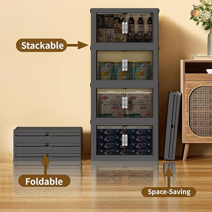 Stackable Storage Bins, Plastic Collapsible Storage Bins with Lid and Wheels, Folding Closet Organizer Clear Doors, Foldable Cabinet Storage Boxes for Home, Pantry, Office (M, Gray 2-Tier)