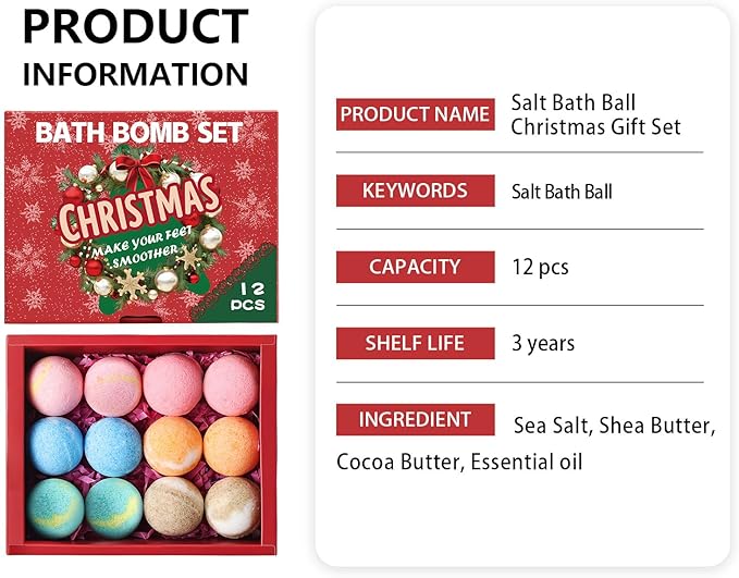 12-Pack Bath Bomb Set for Men & Women, Christmas Aromatherapy Spa Bombs with Essential Oils, Giftable Bath Essentials for Relaxation & Self Care