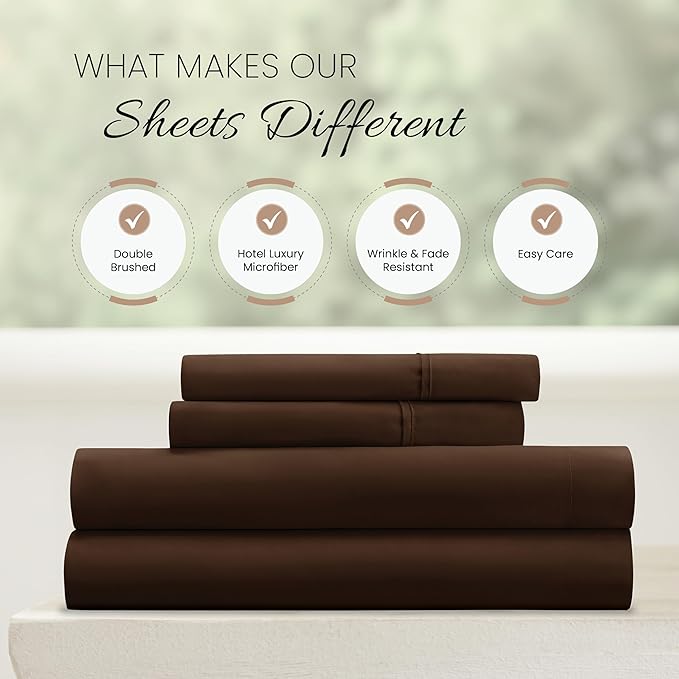 Linen Market Brushed Microfiber King Sheet Set 4 Piece – Oeko-TEX Certified Ultra Soft & Wrinkle-Free - 16" Deep Pocket Sheets - Easy Care King Size - Chocolate