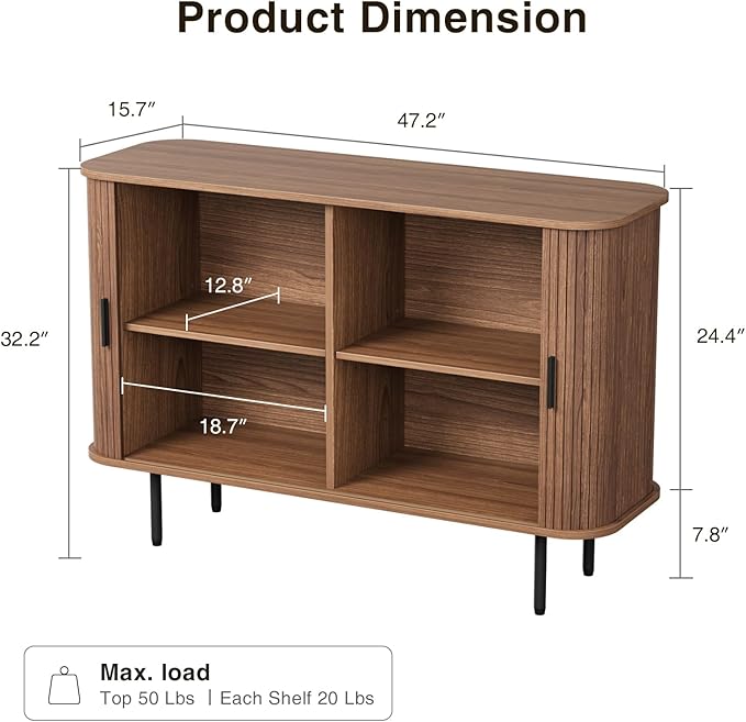 47''W x 32''H Buffet Sideboard Cabinet with Storage, Fluted Storage Accent Cabinet with Curvy Edge, Sliding Door, Credenza, Console Table for Living Room, Kitchen, Walnut