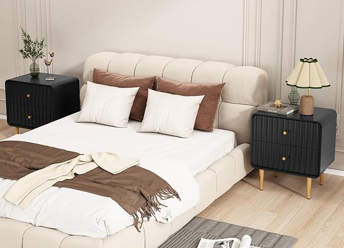HLR Modern Nightstand, Fluted Bed Side Table with 2 Drawers Storage, Wood End Table with Gold Metal Handle, Black Night Stands for Bedroom