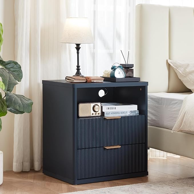 LEYAOYAO Fluted Farmhouse Nightstand Set of 2 with Charging Station, 23" Wide 2 Drawers End Table,Navy Blue Dresser for Bedroom,Bed Side Table Chest of Drawers Cabinet,Wood Night Stand for Living Room
