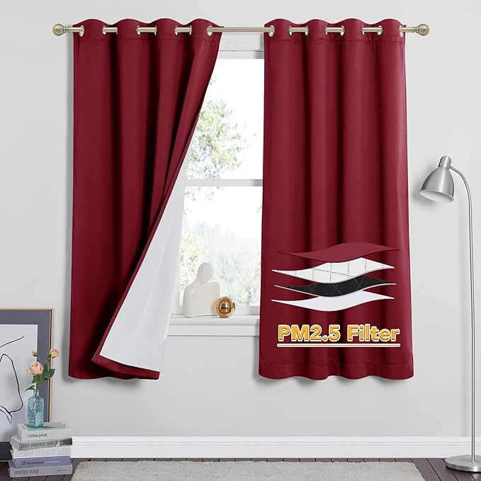 RYB HOME Soundproof & Dust Particle Filtering Curtains 100% Blackout Thermal Insulated Window Treatment Air Filter Drapes for Bedroom Living Room Kids Nursery, Burgundy Red, W52 x L63 inch, 2 Panels