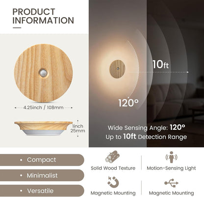 Motion Sensor Night Light Wood Rechargeable Battery-Powered Stick-On Step Lights Loftie Lights Magnetic Closet Warm Nightlight for Hallway Bedroom Stair (2 Pack Ash Wood)
