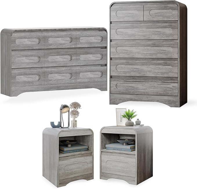 4 Piece Bedroom Set, Dresser and Nightstand Sets, Including Modern Wooden Large 9 Drawers Dresser and Tall 6 Drawer Dressers & Night Stand Set of 2 for Bedroom, Grey