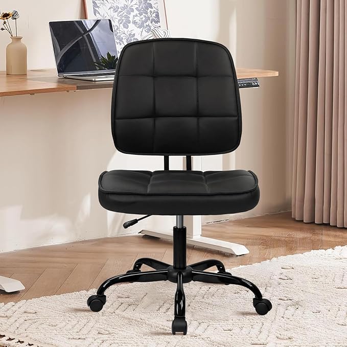 CLATINA Armless Home Office Chair with Lumbar Support and Wheels, Small PU Leather Ergonomic Low Back Desk Chairs No Arms, Adjustable Height 360° Swivel Rolling Computer Task Chair, Black, 4 Pack
