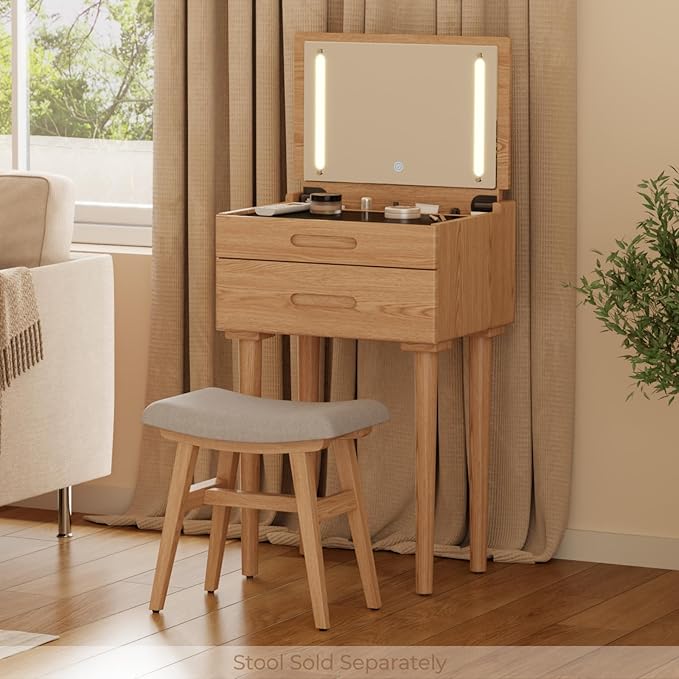 Solid Wood Small Vanity Desk with Mirror and Lights, Narrow Makeup Vanity for Small Space, Flip Top Vanity Side Table, 3 Color Modes & Adjustable Brightness, 19.6" Slim Dressing Table, Natural