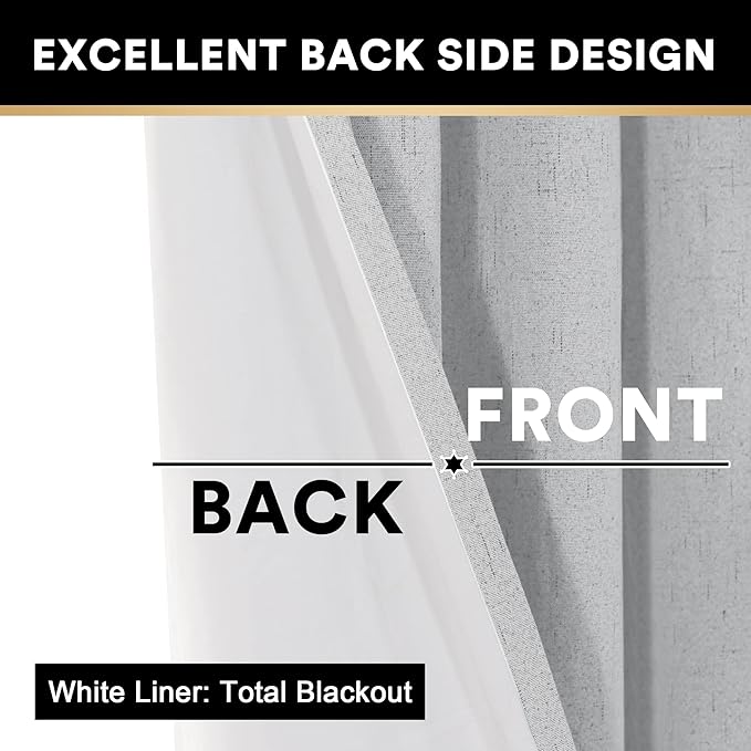 PrinceDeco Linen Texture Curtains Full Blackout Curtains 64 inch Long 2 Panels Set Anti-Rust Grommet Grey Linen Curtains Vertical Drapes Privacy for Bedroom Living Room，42 X 64 Inch, Glacier Grey