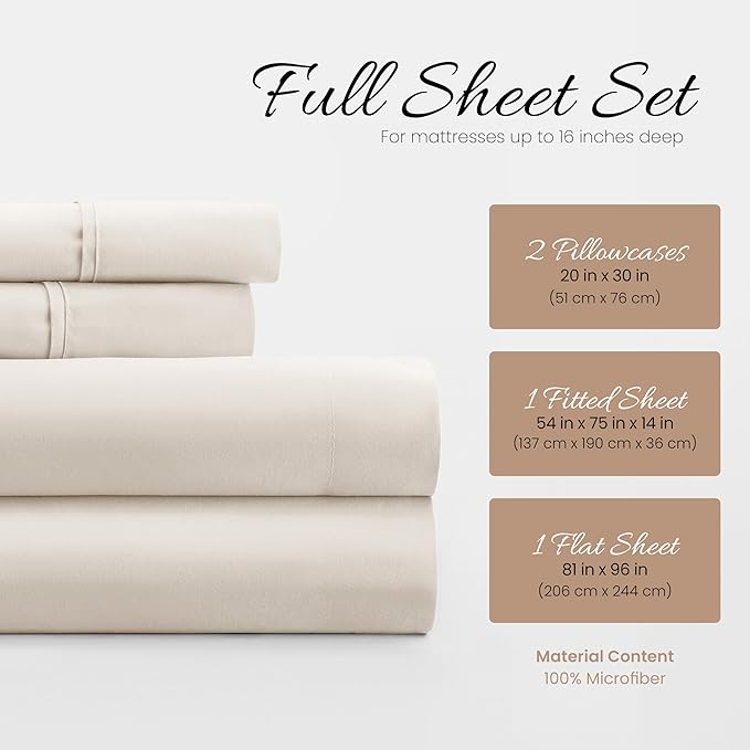 Linen Market Brushed Microfiber Full Sheet Set 4 Piece – Oeko-TEX Certified Ultra Soft & Wrinkle-Free - 16" Deep Pocket Sheets - Easy Care Full Size - Ivory