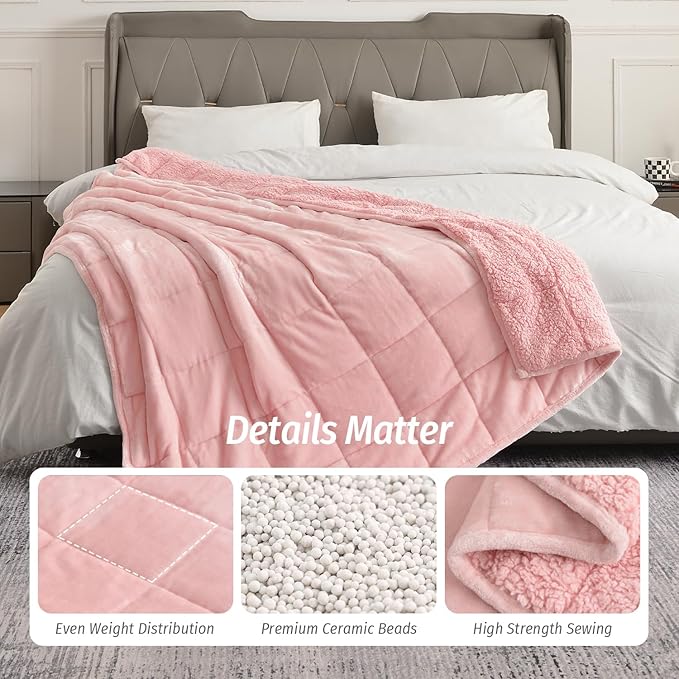 Wemore Sherpa Fleece Weighted Blanket for Adult, 15 lbs Dual Sided Cozy Fluffy Heavy Blanket, Ultra Fuzzy Throw Blanket with Soft Plush Flannel Top, 48 x 72 inches, Pink on Both Sides
