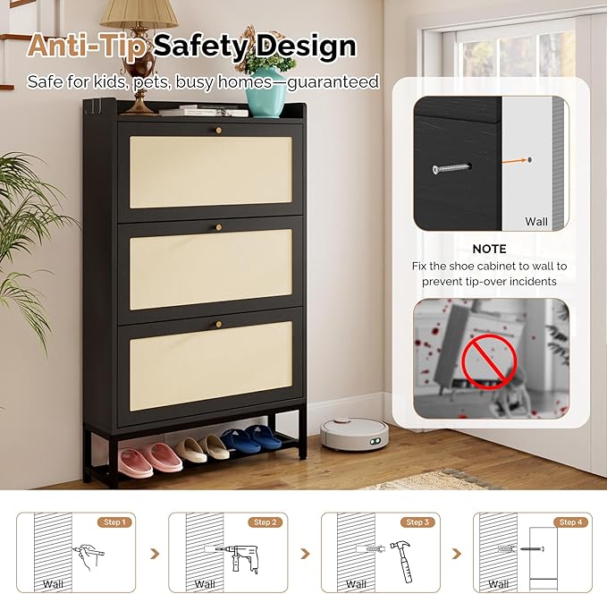 Slim Entryway Shoe Storage Cabinet with 3 Flip Drawers, Modern Freestanding Shoes Organizer Holds 16-20 Pairs, Closed Shoe Storage for Hallway, Foyer - Space-Saving Wood Shoe Cabinet