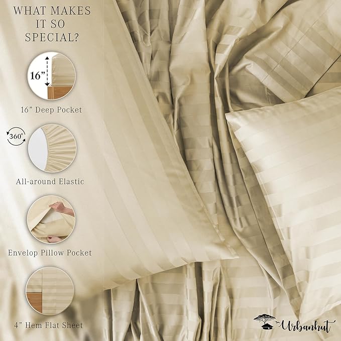 URBANHUT 800 Thread Count 100% Cotton Damask Full Size Sheets, 4 Piece Striped Full Size Bedsheets, Luxury Hotel Sheets Sateen Weave - Better Than Egyptian, 16" Elasticized Deep Pocket- Sand