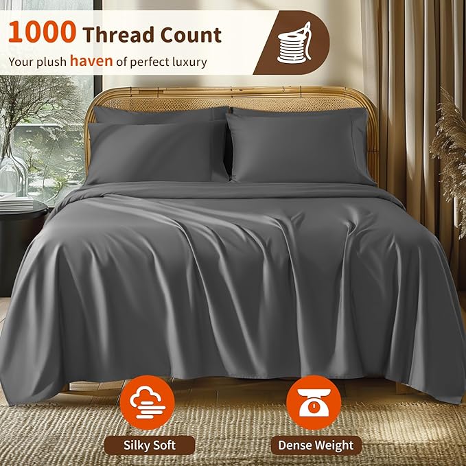 LBRO2M 1000 Thread Count 100% Egyptian Cotton Sheets Set 6 Piece Sets Full Size Bed Sheet Deep Pocket Sheet Set 16" Soft Comfortable All Season (Full, Dark Gray)