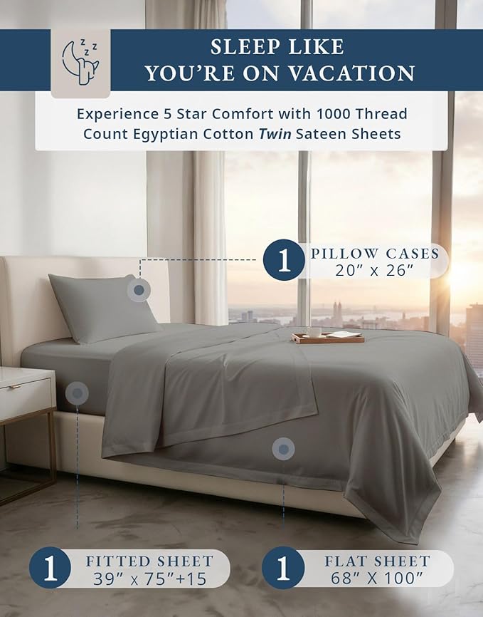 LANE LINEN 100% Egyptian Twin Bed Sheets Cotton - 1000 Thread Count, Soft & Comfy No Pill Fade Resistant Natural Cooling Mercerized Cotton Twin Size Sheets 15" Deep Pocket - Charcoal