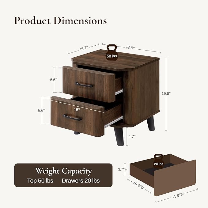 LuxenHome Mid Century Modern Nightstand, 20" Walnut Night Stand with Curved Edge, Dark Brown Nightstand with Drawers, Boho Bed Side Tables Bedroom, Storage Side Table, End Tables Living Room, 1PC