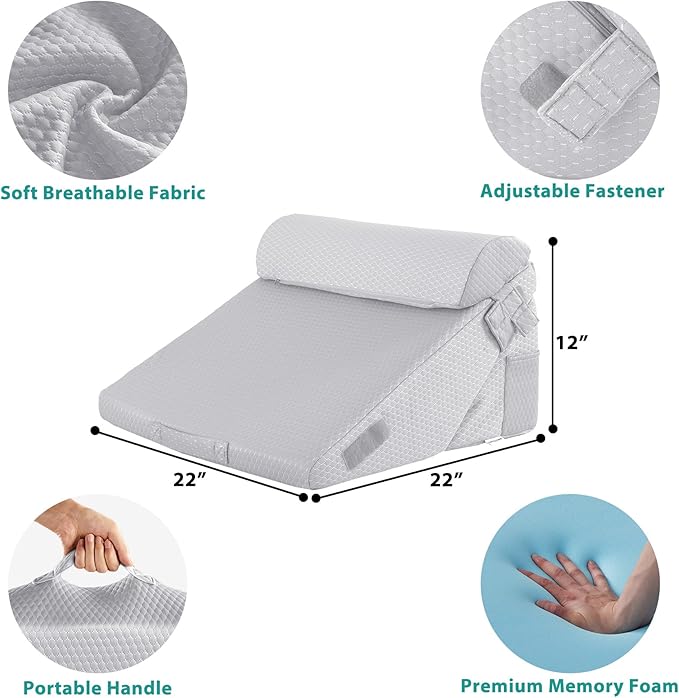 Bedluxe 3Pcs Orthopedic Bed Wedge Pillow Set, Foam Wedge Pillow Post Surgery for Back, Leg and Knee Support, Adjustable 9&12 Inch Folding Triangle Pillow for Sleeping, Acid Reflux, Snoring, Light Grey