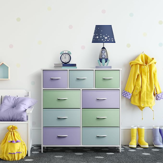 Sorbus Kids Dresser with 9 Drawers - Furniture Storage Chest Tower Unit for Bedroom, Hallway, Closet, Office Organization - Steel Frame, Wood Top, Fabric Bins (Pastel 2, Pastel)