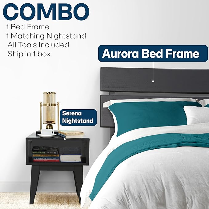 Acacia Aurora Queen Solid Wood Bed Frame with Headboard – Gift Matching Nightstand Included, Mid-Century Modern Farmhouse, Black Ristretto, 800 lbs Capacity, Sturdy, No Box Spring, Easy Assembly