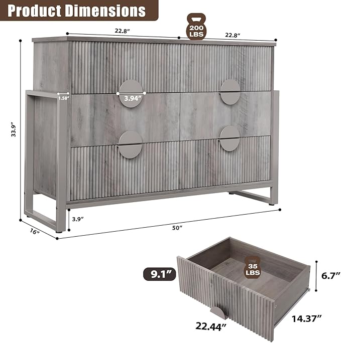LGHM Fluted Dresser for Bedroom with 6 Drawers, Modern 6 Drawers Dressers with Semicylinder Fluted, Solid Chest of Drawers, 50" W Dresser with Bold Steel Frame, Metal Handles, Gray