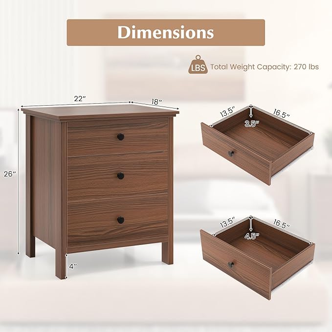 Giantex Nightstand with 3 Drawers, Wooden Side End Table with Solid Wood Legs, Retro 3-Drawer Bedside Table Night Stand for Bedroom Home Office Small Space, Easy Assembly, Brown